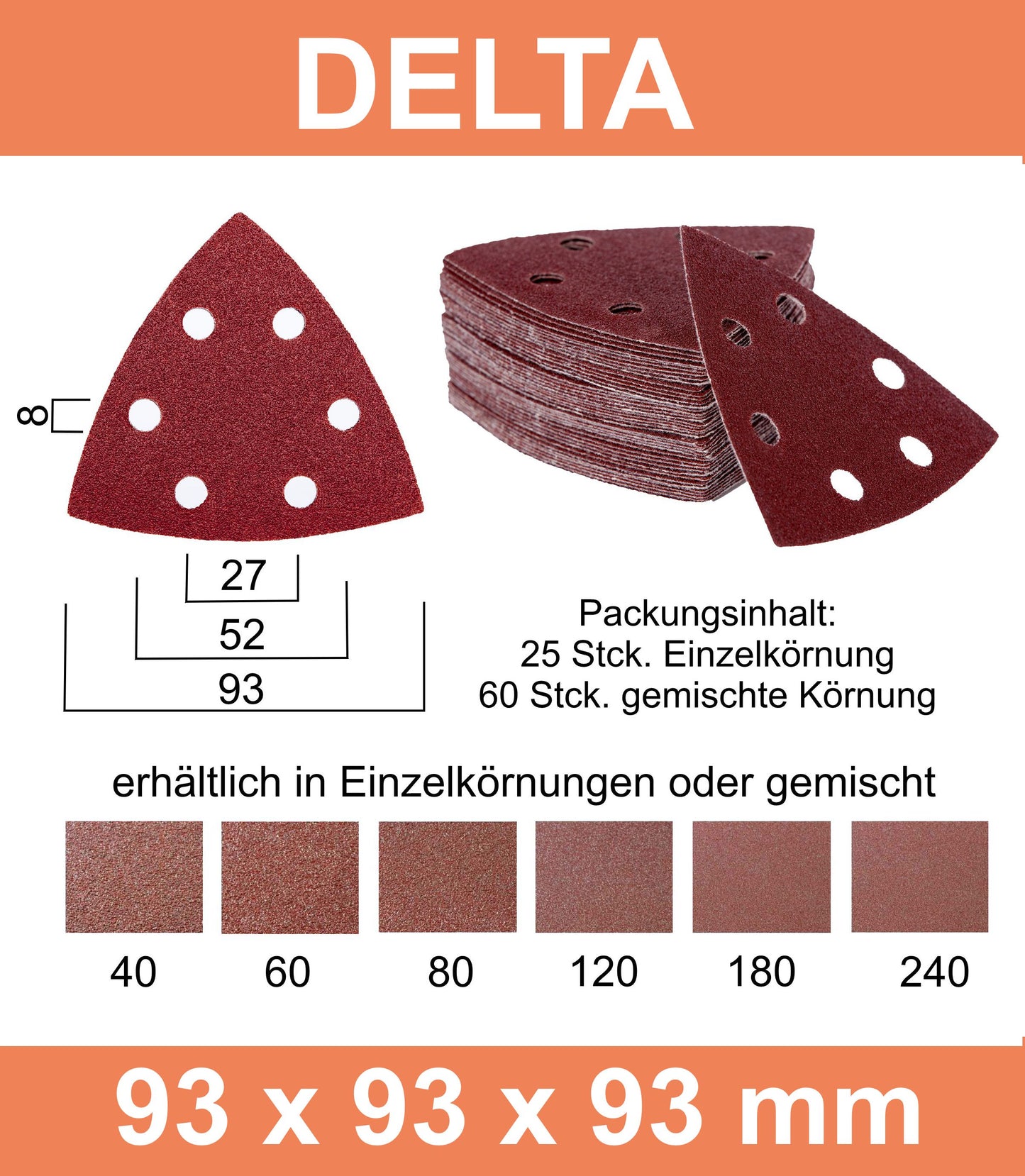 25 Blatt DELTA Schleifscheiben 93 x 93 x 93 mm Körnung wählbar