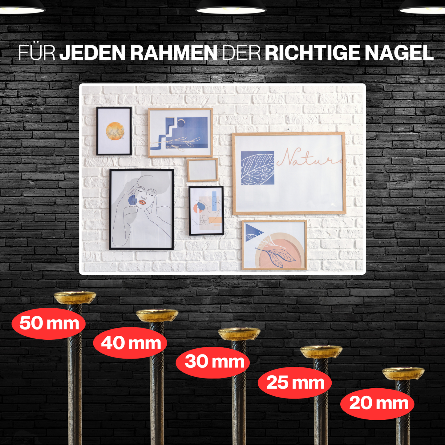 10 Stück Stahlbildernägel schwarz Länge wählbar