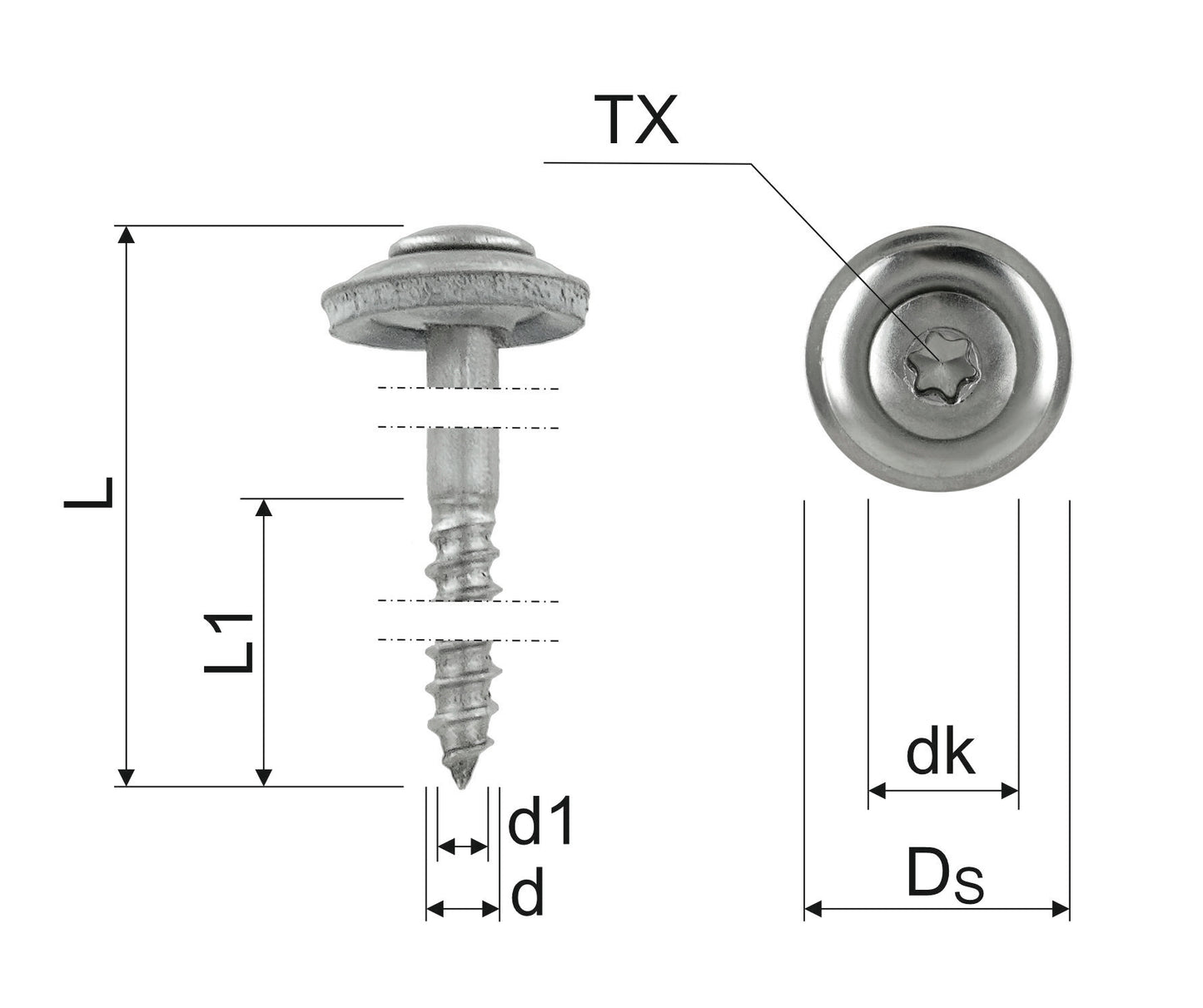 Torx Spenglerschrauben Q300, TX20 inkl. 15mm Dichtscheibe, Edelstahl A2 Blank Größe wählbar